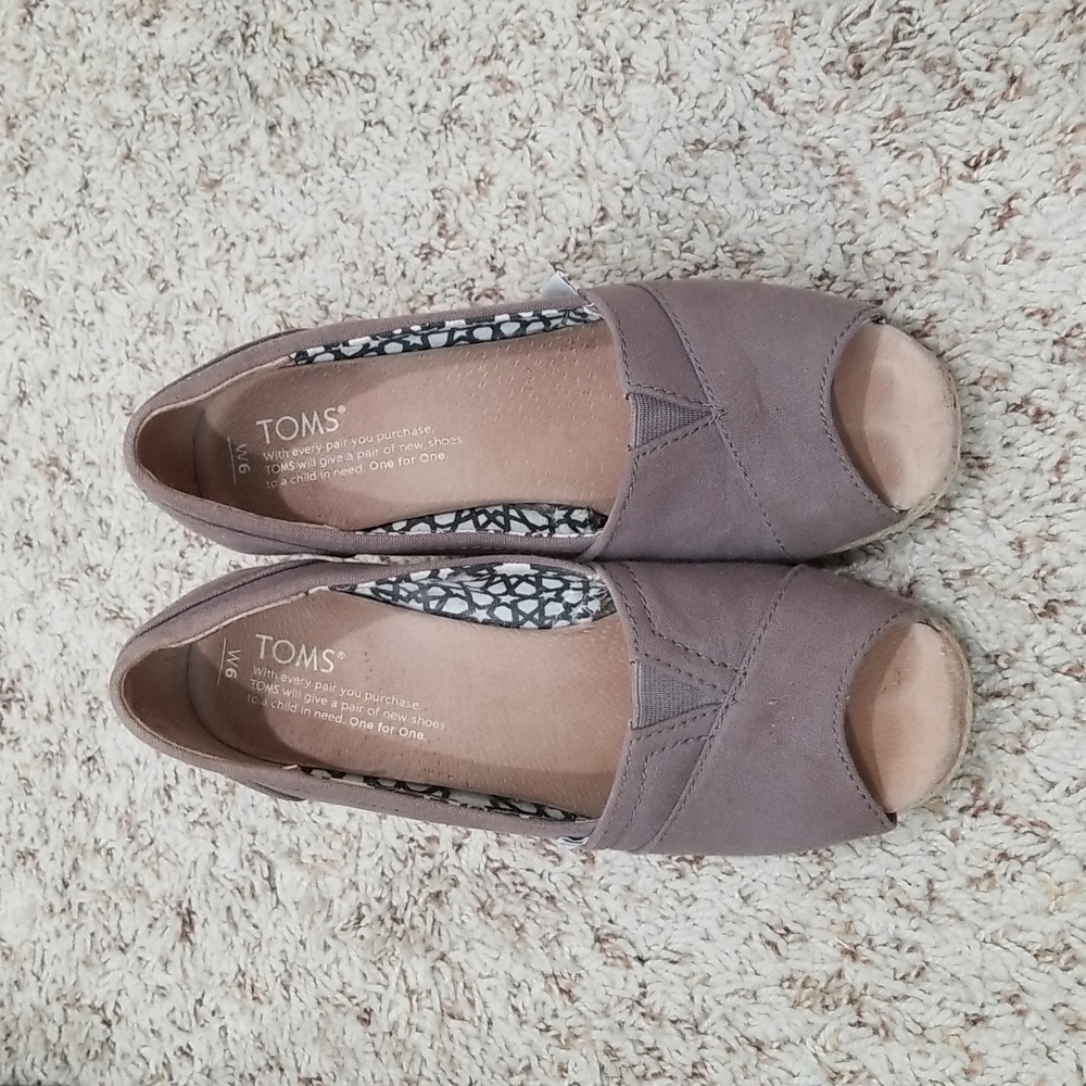 TOMS Gray/Tan Canvas Peep Toe Wedges - Size 6